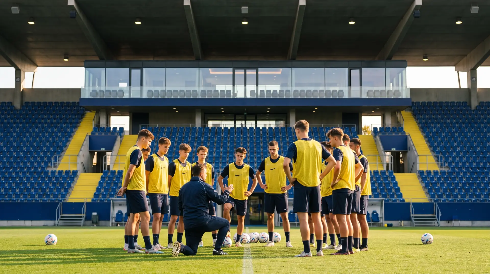 Trainer erklärt einer Gruppe Spieler die Taktik